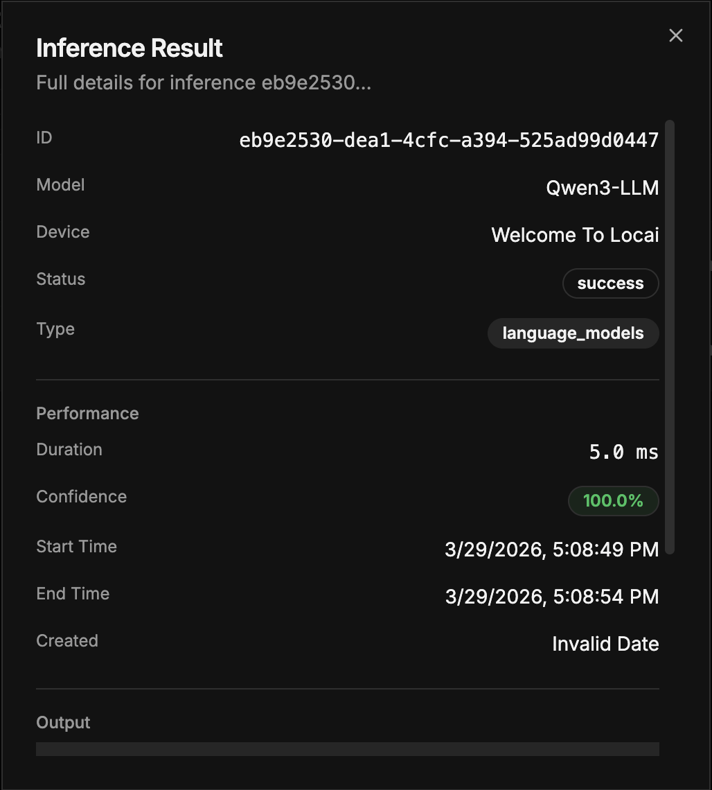 Detailed inference results table with model, device, result, confidence, and duration