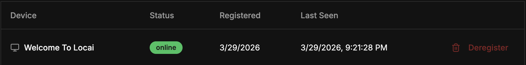 Device details panel with edit, recovery key, rotate API key, and delete options