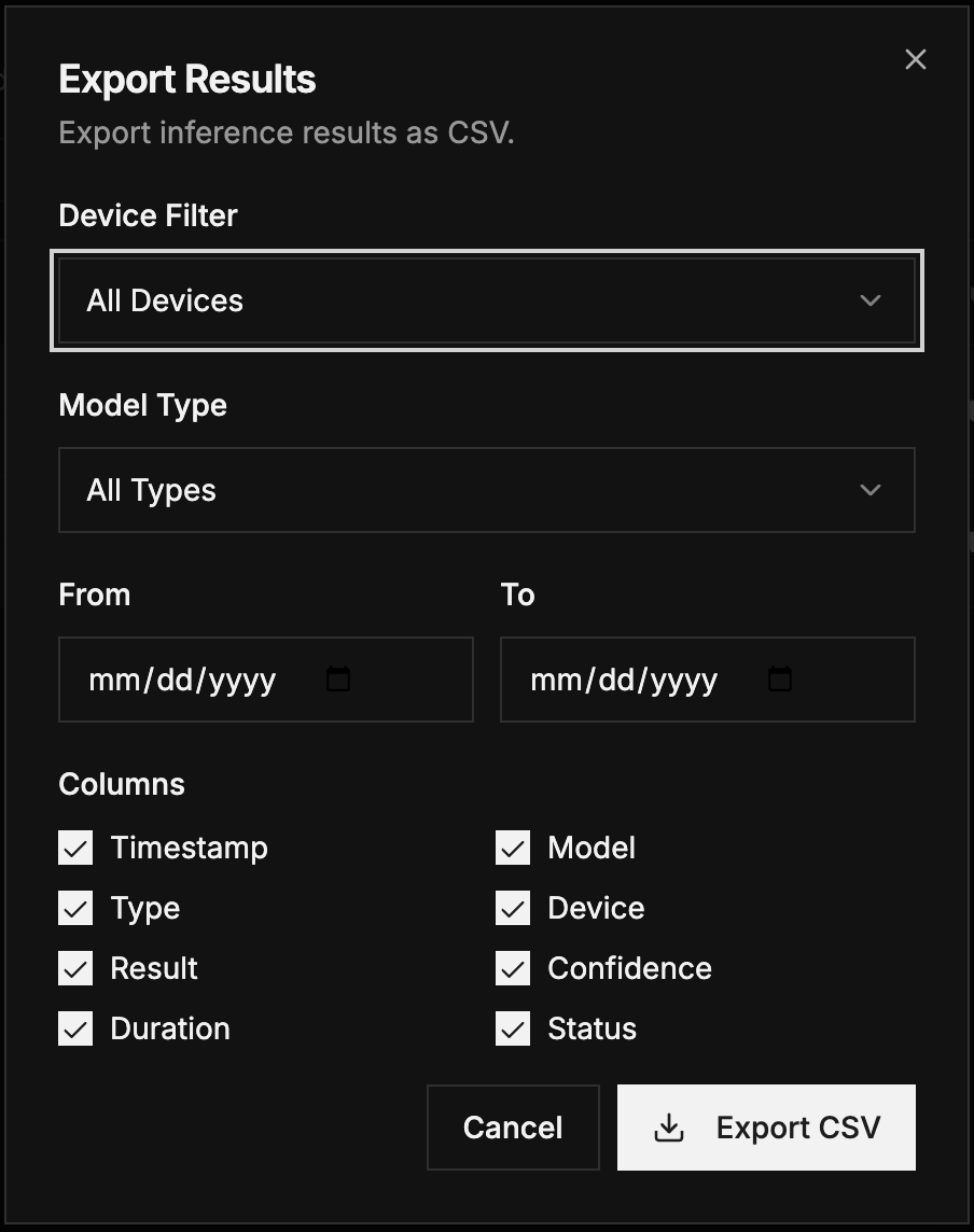 Export Results dialog with filters for device, model type, time range, and column selection