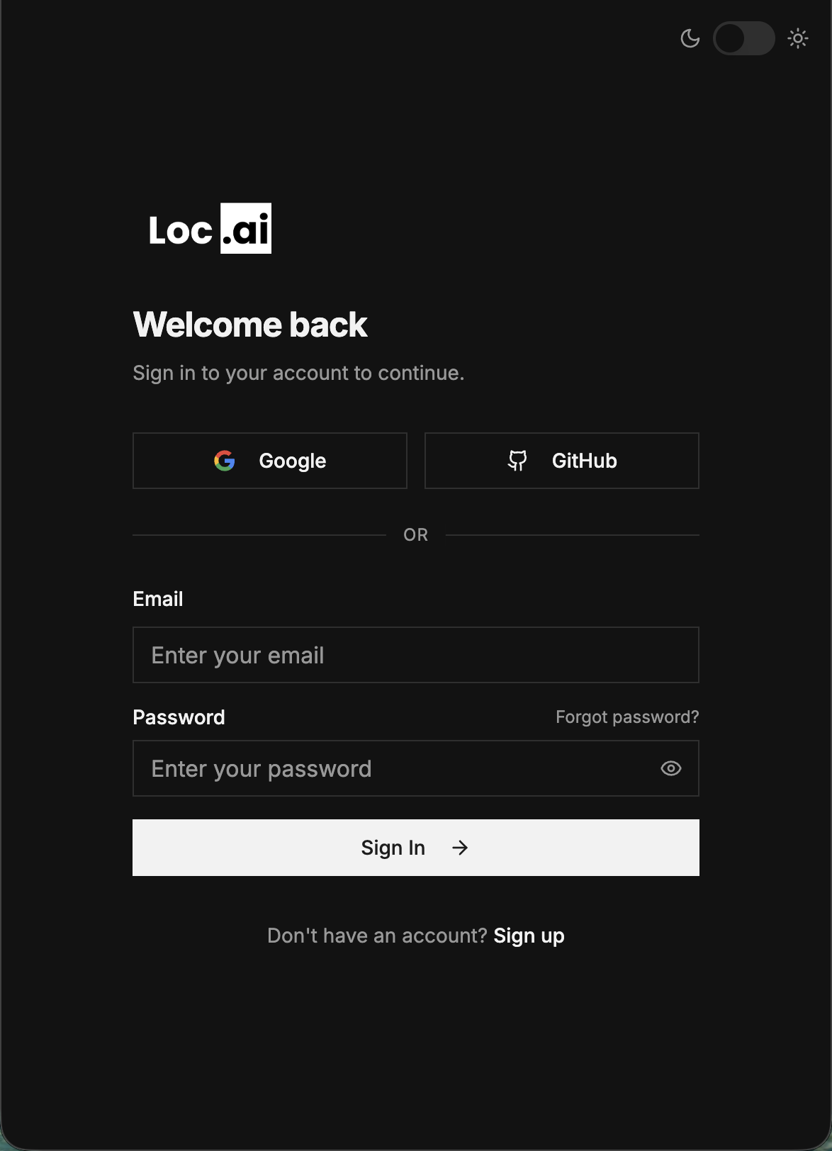 Q1: Loc.ai registration form with email, name, and password fields