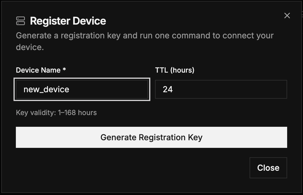 Q2: Register Device dialog with device name, TTL hours, and Generate Registration Key