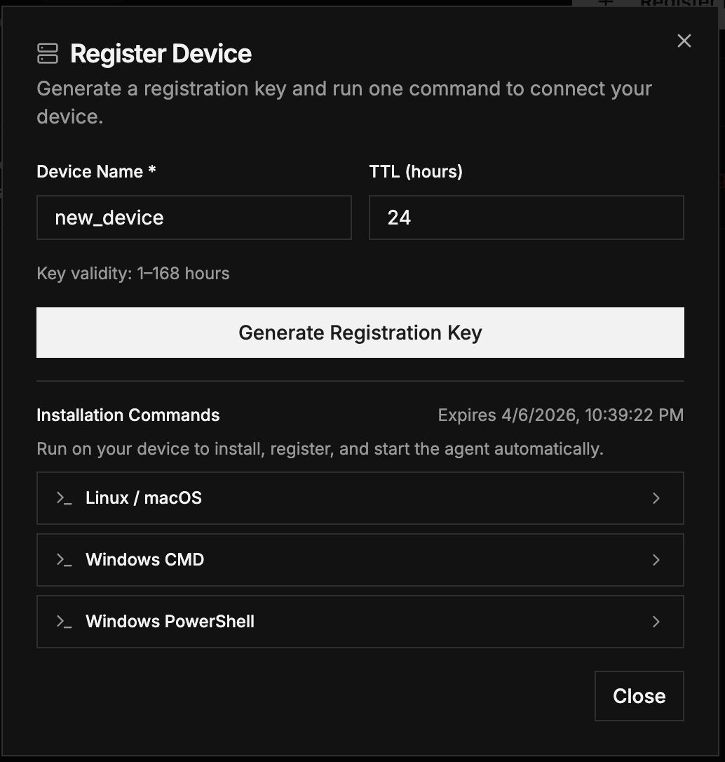 Q3: Generated one-line curl install command with copy affordance