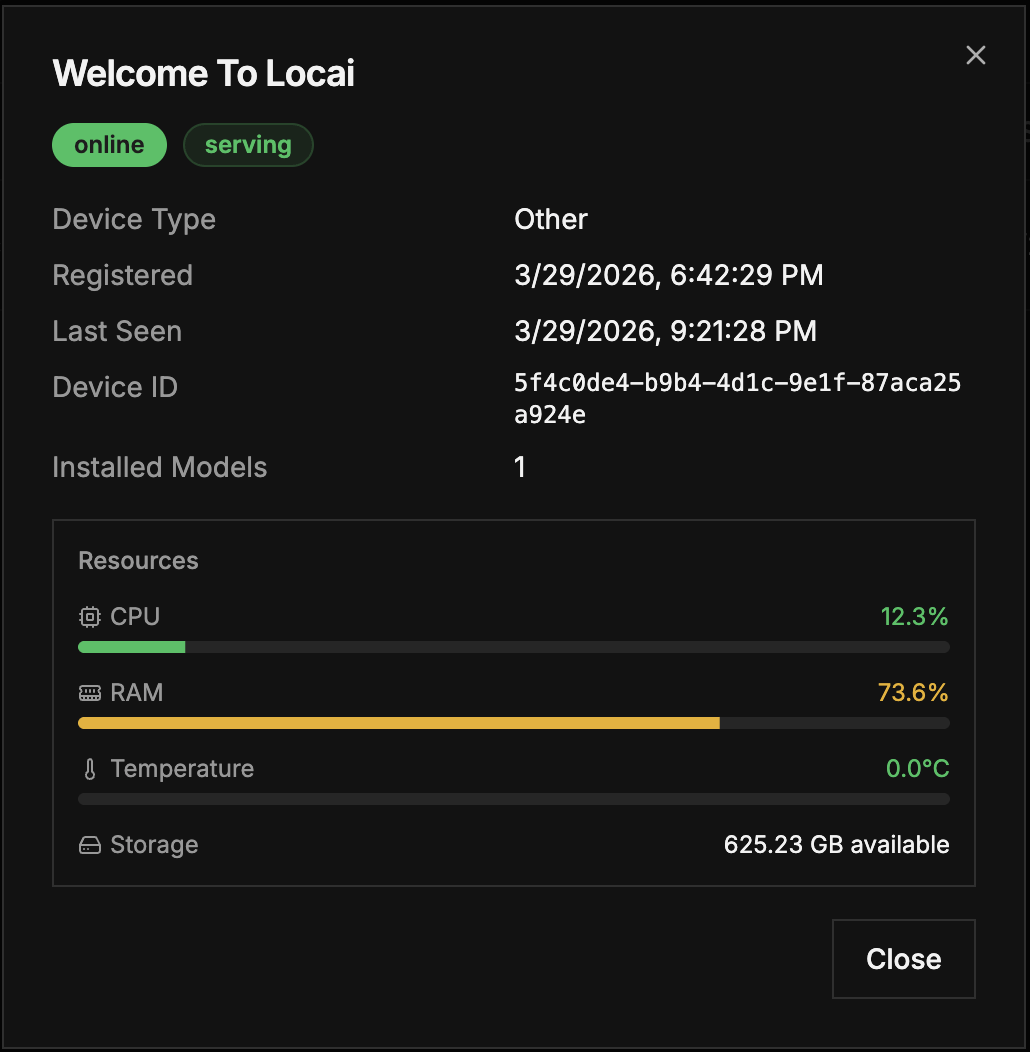 Registered Devices card listing edge devices in the dashboard