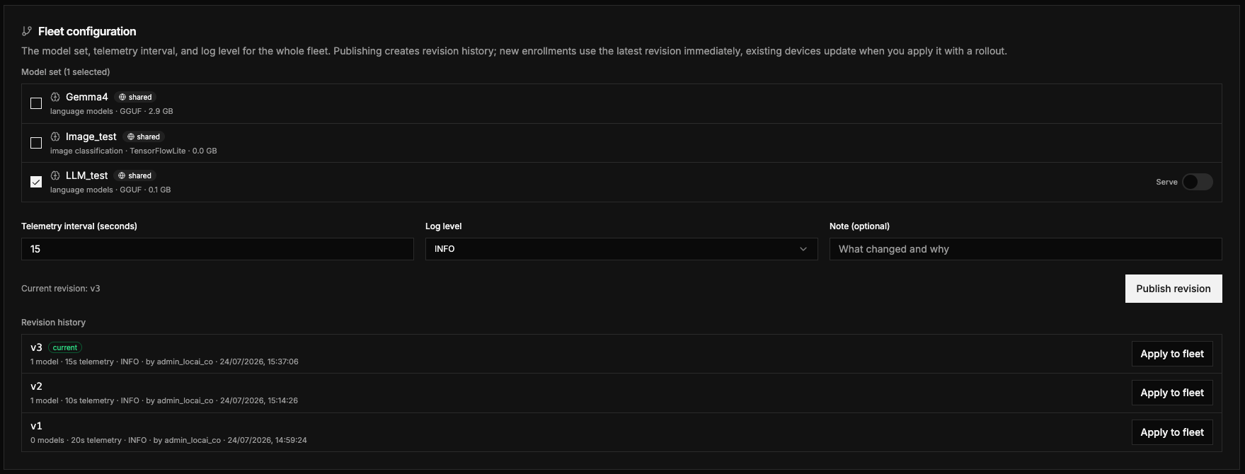 The Fleet configuration form with model set, serve toggles, telemetry interval, log level, note field, and revision history