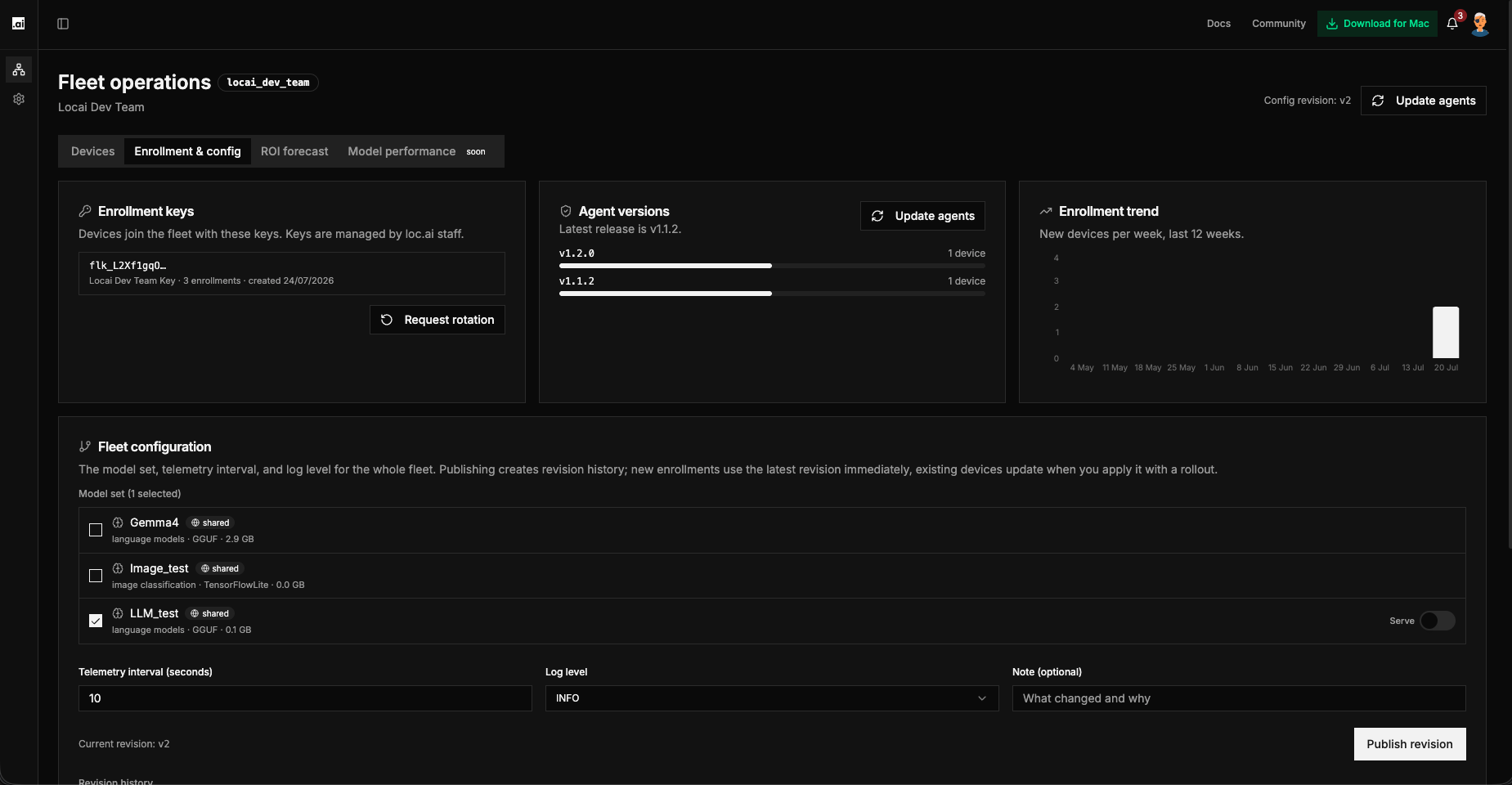 The Enrollment & config tab showing the enrollment keys, agent versions, and enrollment trend cards above the Fleet configuration form