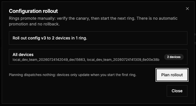 The Configuration rollout dialog showing the ring preview and the Plan rollout button