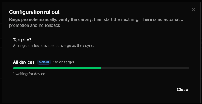 A started rollout showing per-ring progress toward the target revision