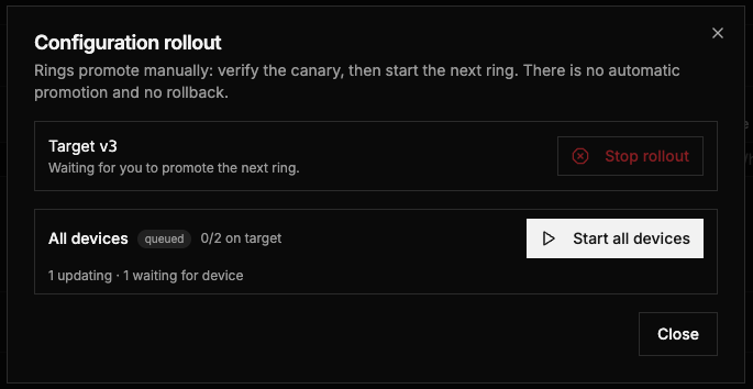 A planned rollout waiting to be promoted, with Start and Stop rollout buttons
