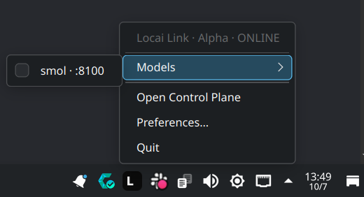 The companion's Models submenu expanded, showing a deployed model with its serving port