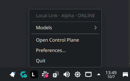 Locai Link companion tray dropdown showing the status header, Models submenu, Open Control Plane, Preferences, and Quit