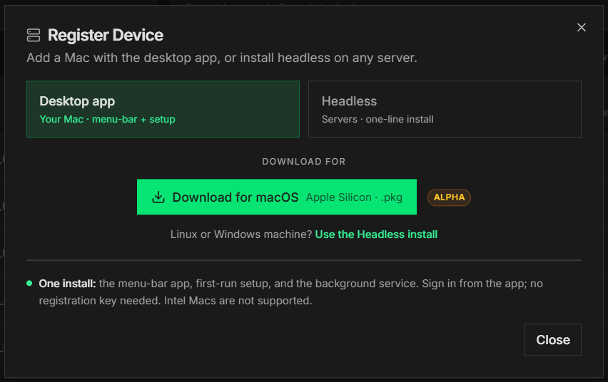 Register Device dialog opened on the Desktop app mode, with the Download for macOS button