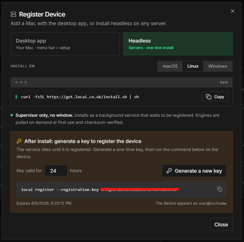 Register Device dialog on the Headless mode, showing the one-line install command and the registration key generator