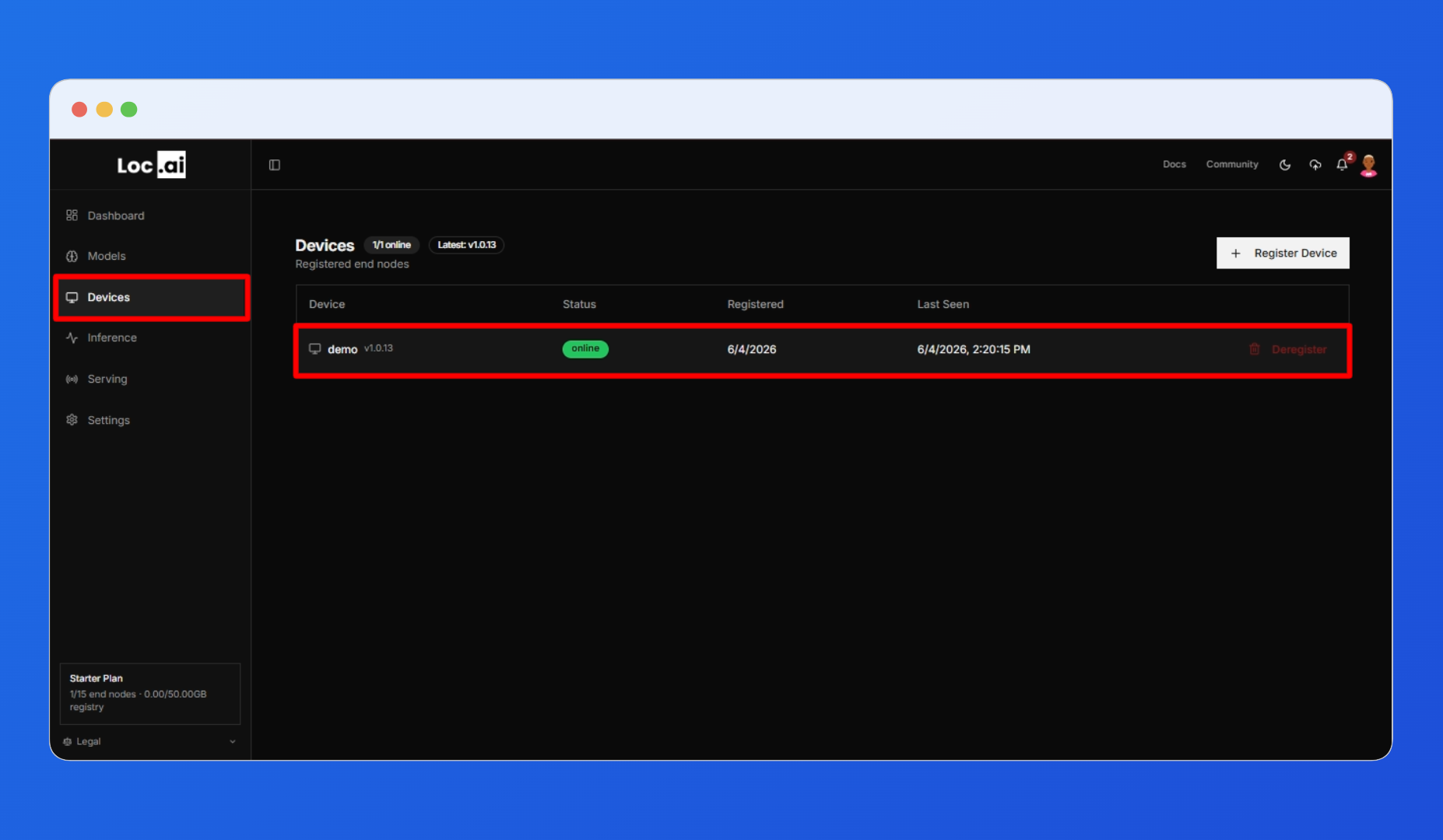 Devices page with a device selected