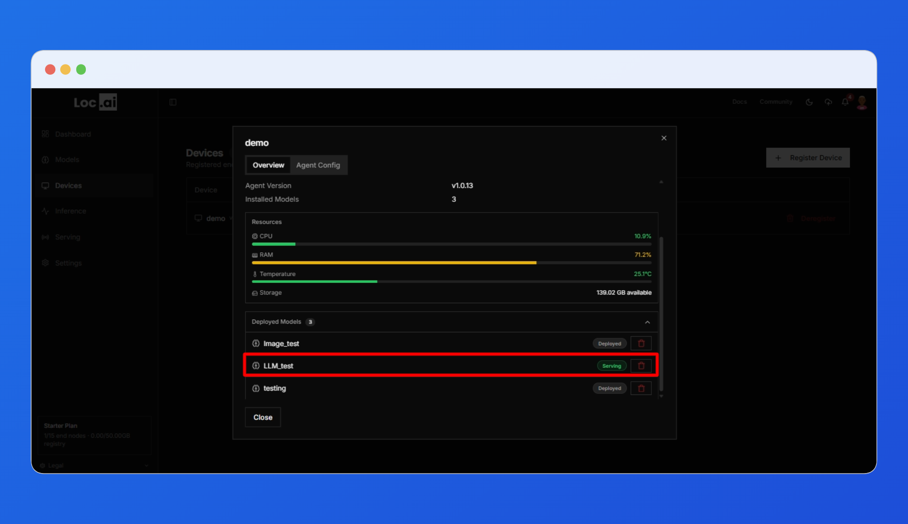 Device detail panel with the trash icon highlighted on a deployed model entry