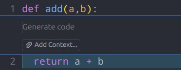 VS Code editor with Continue inline prompt: Generate code and Add Context above a Python function